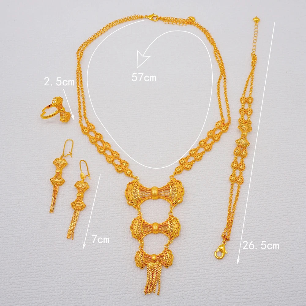 African Indian Gold Jewelry Set for Women – Dubai Style Bridal Tassel Long Necklace, Earrings, Ring & Bangle - Ideal Gift for Her