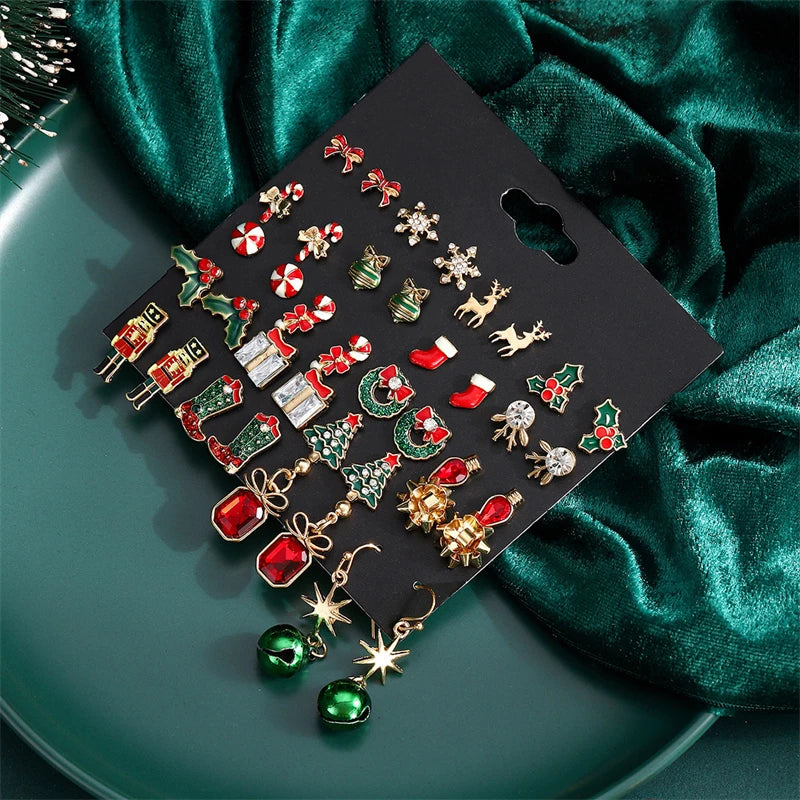 Christmas Earrings Set for Women 12/20 Pairs – Crystal Zircon Snowflake, Bowknot, Elk & Xmas Tree Holiday Gifts
