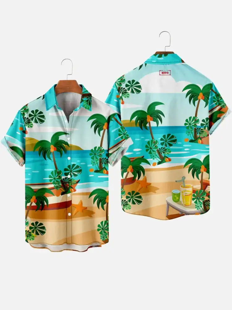 Men’s 3D Hawaiian Shirt for Summer – Coconut Tree Sunset Print Short Sleeve Beach Top - Perfect Gift for Him