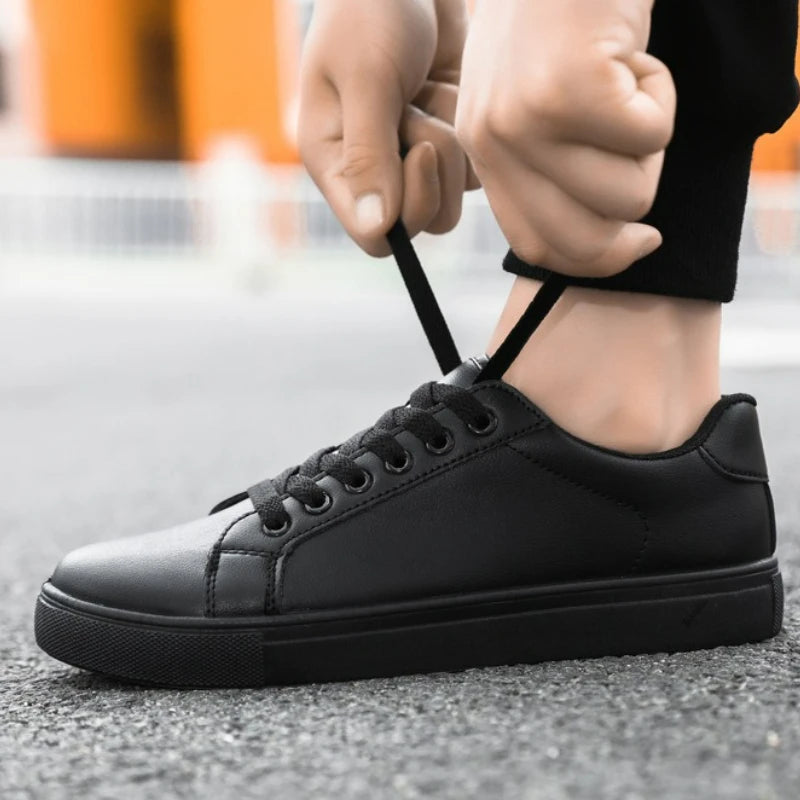 Hot Men’s Fashion Sneakers – Stylish Leather Flat Shoes for Everyday Comfort, White & Black Non-Slip Vulcanized Design - Gift for Him