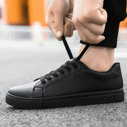 Hot Men’s Fashion Sneakers – Stylish Leather Flat Shoes for Everyday Comfort, White & Black Non-Slip Vulcanized Design - Gift for Him
