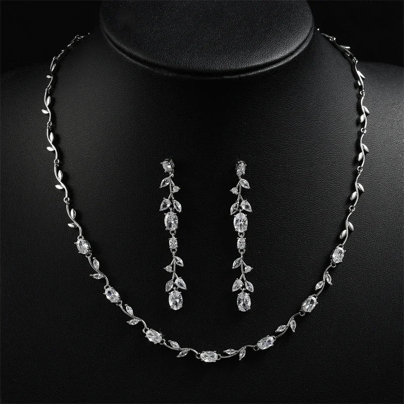 Women's Wedding Accessories Uilz Leaf Earrings & Necklace with Zircon Embellishments - Perfect Gift for Women