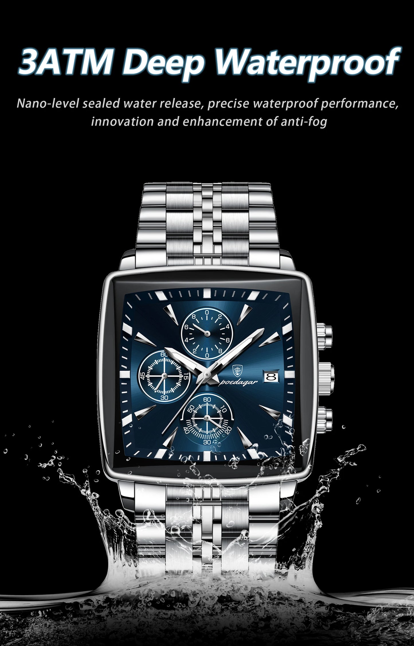 POEDAGAR Square Men’s Watch, Waterproof – Premium Stainless Steel Chronograph with Luminous Display Casual Wrist Watch. Gift for all.