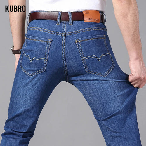 KUBRO Blue Denim Business Jeans for Men - Wide Leg Summer/Spring Thin Pants with High Elasticity for Work or Casual Wear - Ideal as a Gift for Men or Yourself