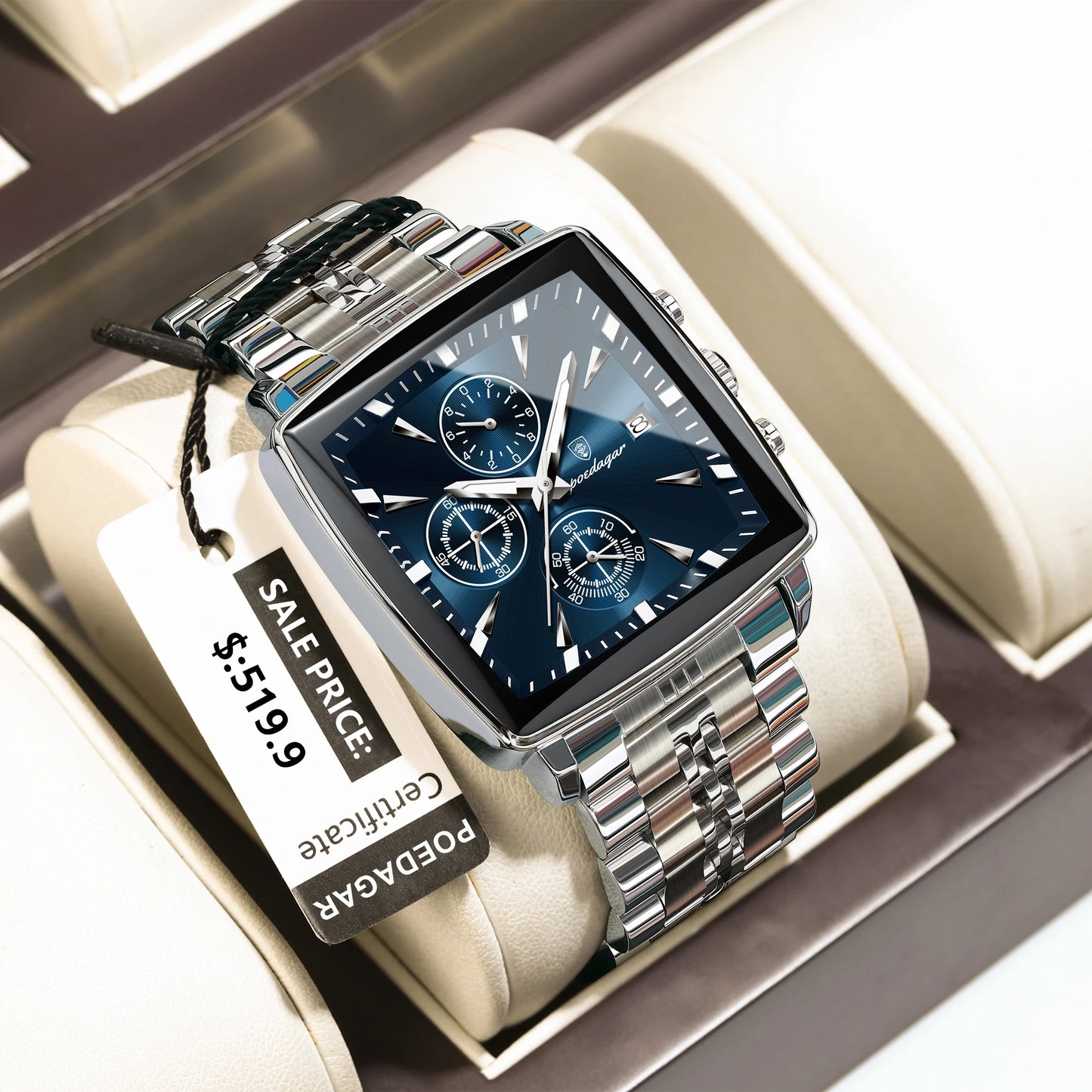 POEDAGAR Square Men’s Watch, Waterproof – Premium Stainless Steel Chronograph with Luminous Display Casual Wrist Watch. Gift for all.