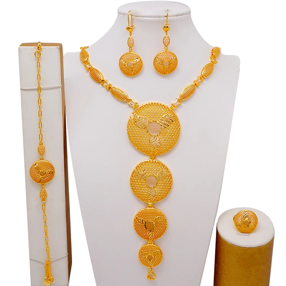 African Indian Gold Jewelry Set for Women – Dubai Style Bridal Tassel Long Necklace, Earrings, Ring & Bangle - Ideal Gift for Her