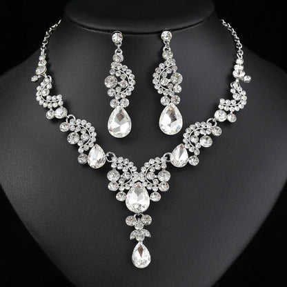 Women's 2pcs Rhinestone Waterdrop Jewelry Set – Blue Red Green White Champagne Pendant Necklace and Earrings for Bride or Special Occasions - Elegant Gift For Her