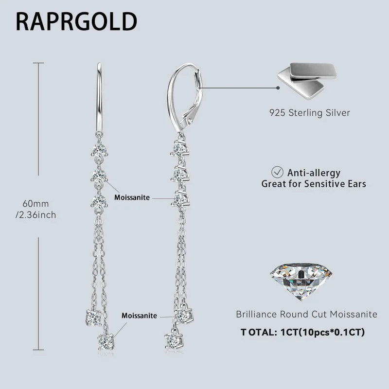 925 Silver Moissanite Tassel Earrings – RAPRGOLD Certified Dangling Hoop Jewelry Gift for Her