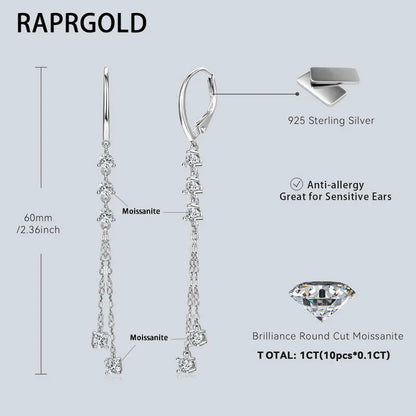 925 Silver Moissanite Tassel Earrings – RAPRGOLD Certified Dangling Hoop Jewelry Gift for Her