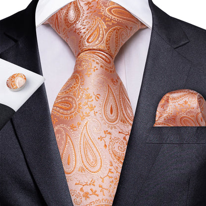 Luxury Orange Paisley Men's Tie Set for Business, Office, Party, Wedding| 3.15 Inch Silk Polyester Necktie, Cufflinks & Pocket Square - Perfect Gift for Him