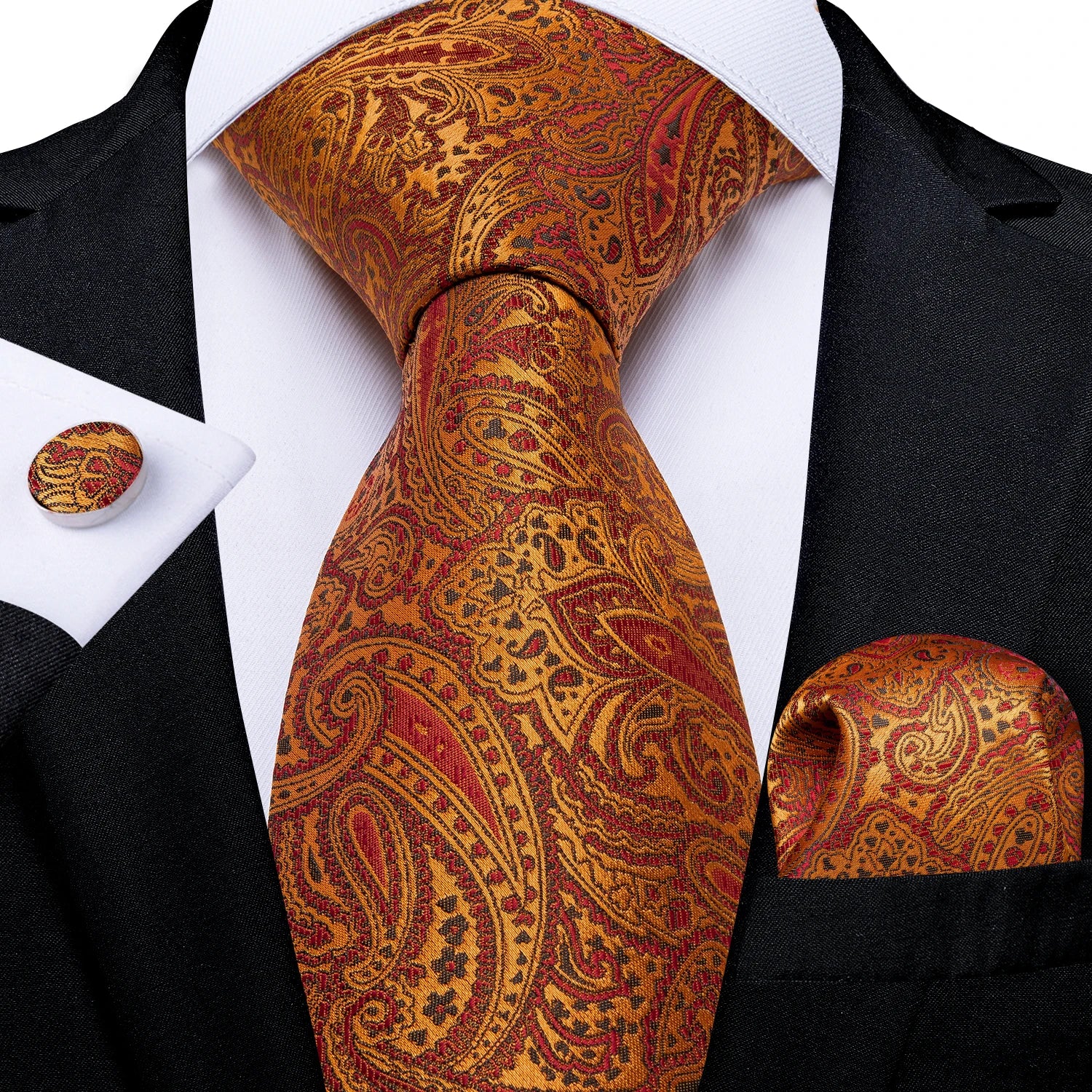 Luxury Orange Paisley Men's Tie Set for Business, Office, Party, Wedding
