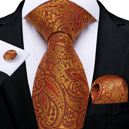 Luxury Orange Paisley Men's Tie Set for Business, Office, Party, Wedding
