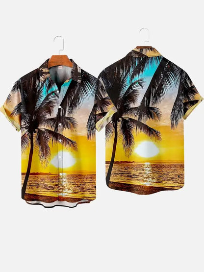Men’s 3D Hawaiian Shirt for Summer – Coconut Tree Sunset Print Short Sleeve Beach Top - Perfect Gift for Him