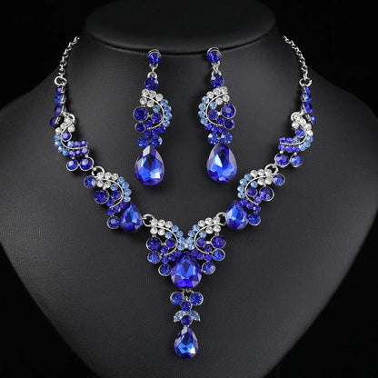 Women's 2pcs Rhinestone Waterdrop Jewelry Set – Blue Red Green White Champagne Pendant Necklace and Earrings for Bride or Special Occasions - Elegant Gift For Her