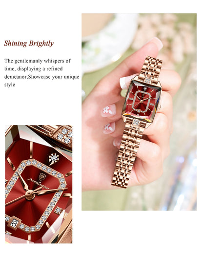 Luxury Rectangle Stainless Steel Women’s Wristwatch | POEDAGAR Waterproof Quartz Watch with Date Display | Ideal Gift for Her