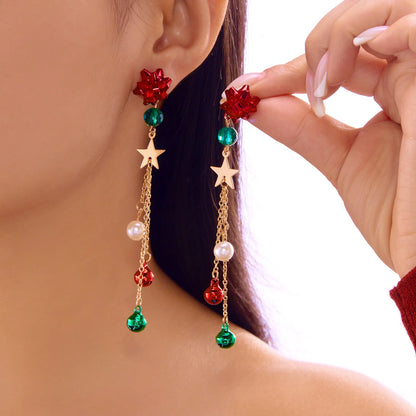 New Christmas Ribbon Star Long Tassel Earrings for Women Delicate Crystal Bowknot Hollow Bell Drop Earring Xmas Festival Jewelry