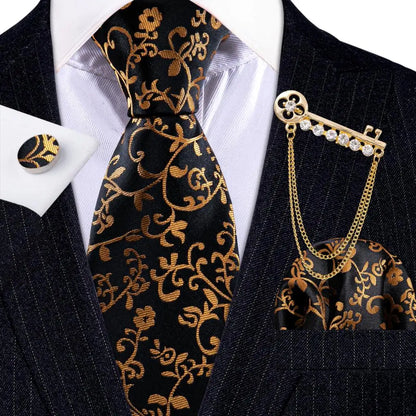 Luxury Floral Paisley Gold Black Silk Tie, Hanky, Cufflinks & Brooch Set - Men's Jacquard Necktie & Accessories for Business, Formal or Wedding - Ideal Gift for Him