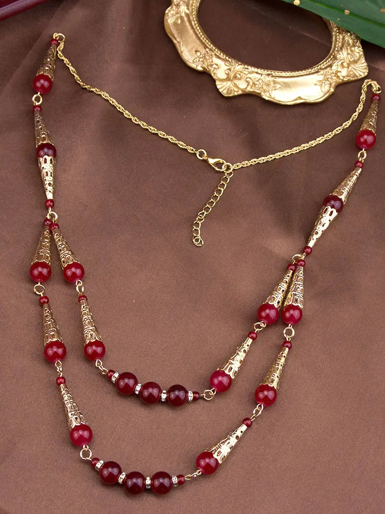 Sunspicems Long Double Layered Bead Chain Necklace for Women Gold Color Arabic Bridal Jewelry & Middle East Caftan Neck Chain