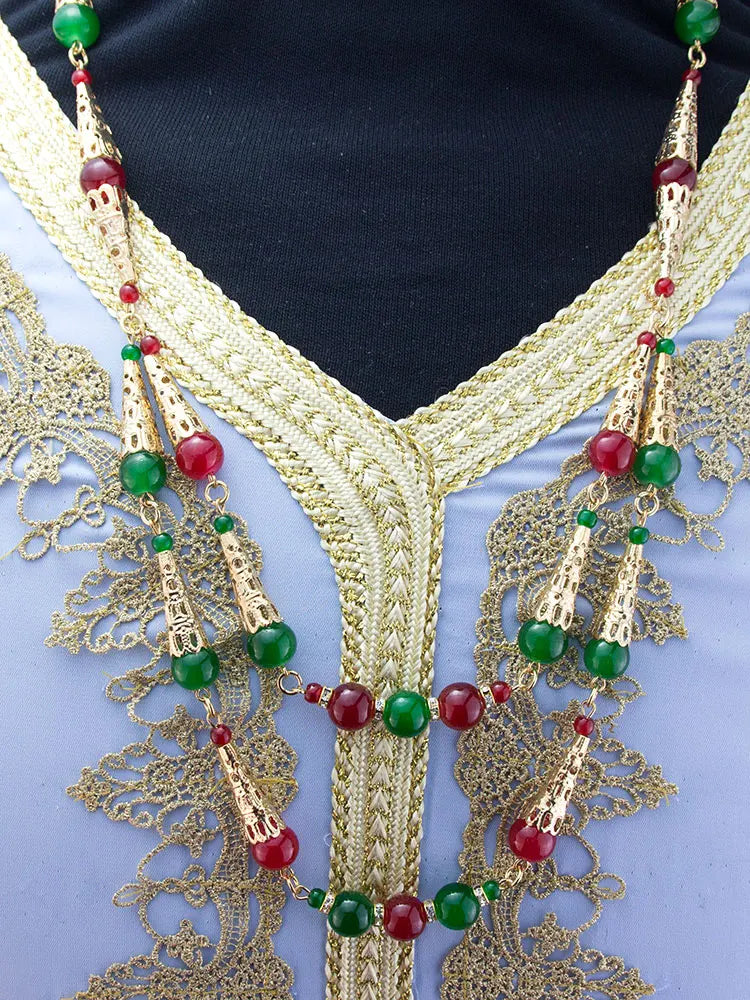 Sunspicems Long Double Layered Bead Chain Necklace for Women Gold Color Arabic Bridal Jewelry & Middle East Caftan Neck Chain