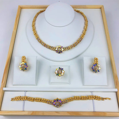Dubai-Inspired African Gold-Plated 4Pcs Bridal Jewelry Set | Elegant Necklace, Earrings, Bracelet & Ring | Wedding Accessories for Women, Prom & Gift Occasions