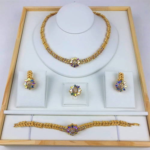 Dubai-Inspired African Gold-Plated 4Pcs Bridal Jewelry Set | Elegant Necklace, Earrings, Bracelet & Ring | Wedding Accessories for Women, Prom & Gift Occasions