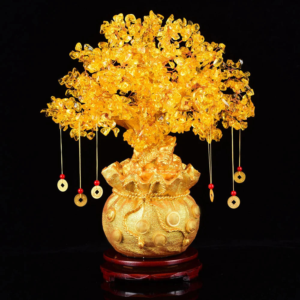 Natural Crystal Shaking Money Tree Desktop Ornament - Prosperity, Luck Enhancing Golden Money Bag Decoration for Desktop, Office, or Christmas - Ideal Gift for Friends & Family