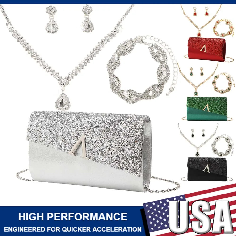 4PCS Evening Purse and Jewelry Set for Women – Glitter Clutch with Matching Necklace, Earrings & Bracelet for Banquet or Bridal Events - Elegant Gift for Her