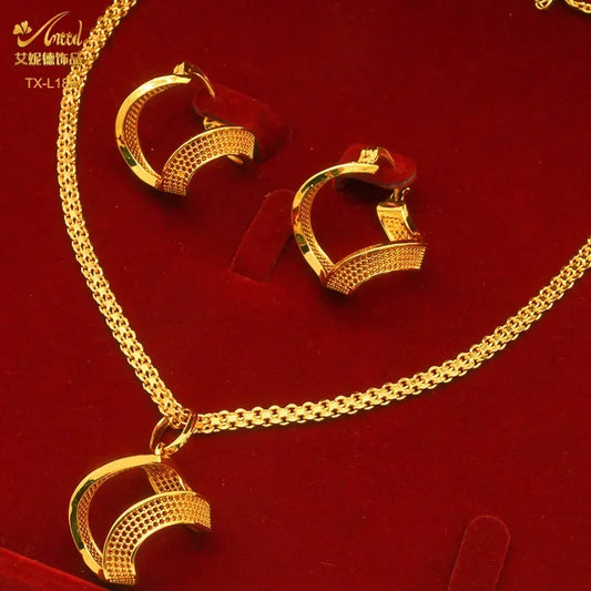 Two-piece set of 24K gold-plated copper jewelry from India and Dubai - gold warped geometry necklaces & earrings, gift for women