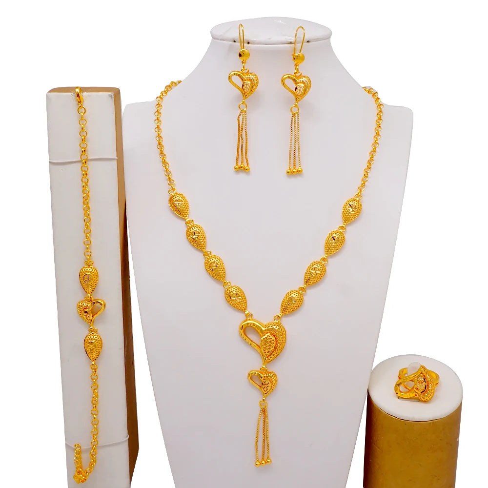 African Indian Gold Jewelry Set for Women – Dubai Style Bridal Tassel Long Necklace, Earrings, Ring & Bangle - Ideal Gift for Her