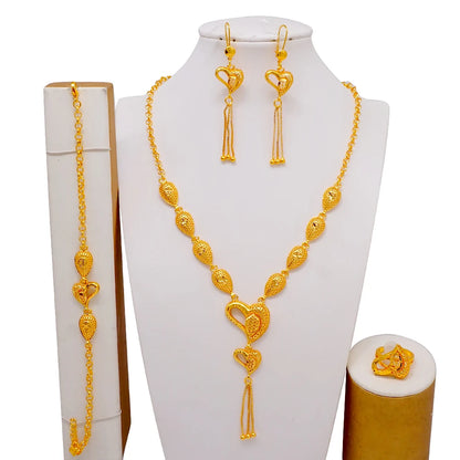 African Indian Gold Jewelry Set for Women – Dubai Style Bridal Tassel Long Necklace, Earrings, Ring & Bangle - Ideal Gift for Her