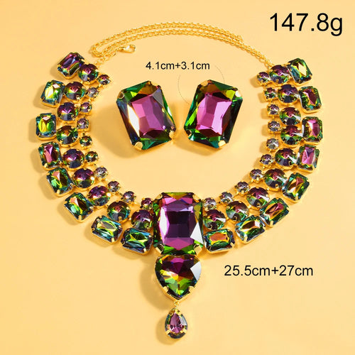 Colorful Geometric Jewelry Set for Women | Nigerian Design Chunky Necklace & Earrings with Rhinestones -  Wedding Gift Accessories for Her