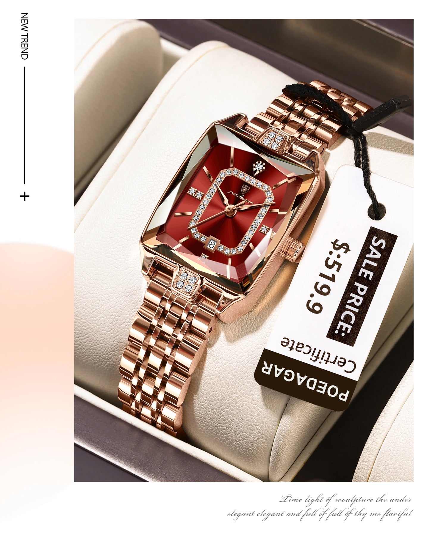 Luxury Rectangle Stainless Steel Women’s Wristwatch | POEDAGAR Waterproof Quartz Watch with Date Display | Ideal Gift for Her