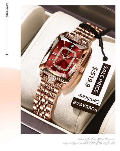 Luxury Rectangle Stainless Steel Women’s Wristwatch | POEDAGAR Waterproof Quartz Watch with Date Display | Ideal Gift for Her