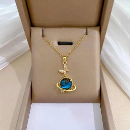 Zircon Inlaid Stainless Steel Choker Necklace for Women - Flower Butterfly Moon Design Pendant Tassel Clavicle Jewelry - Perfect Gift for Her