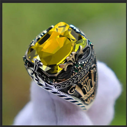 Men's Handmade Turkish Signet Ring – Silver Carved Ring with Mystic Zircon Inlay,  Punk Style | Men's Gift
