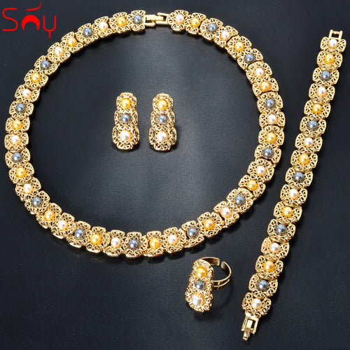 Gold-Plated Bridal Jewelry Set – Necklace, Earrings, Bracelet & Ring with Three-Color Beads - Elegant Gift for women