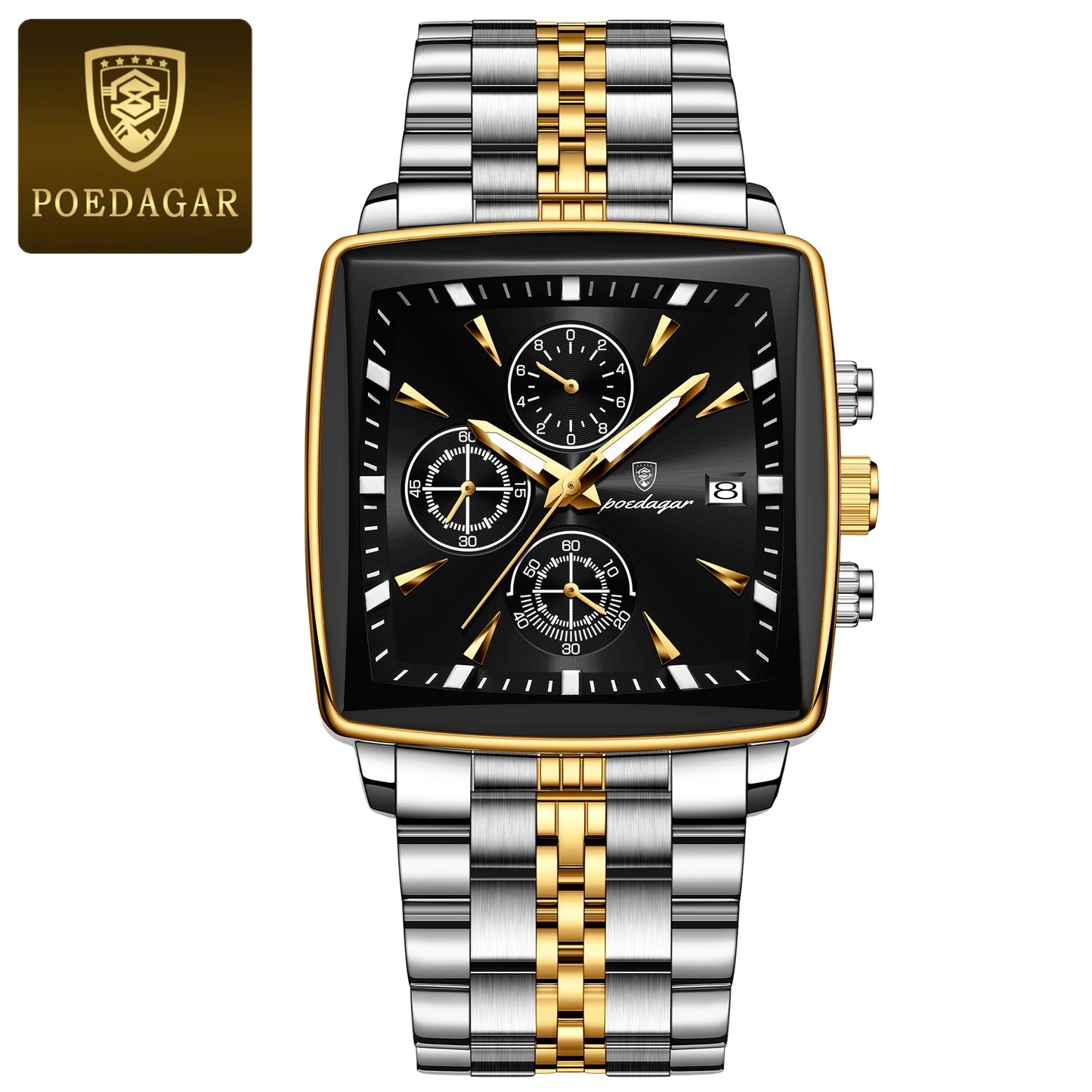 POEDAGAR Square Men’s Watch, Waterproof – Premium Stainless Steel Chronograph with Luminous Display Casual Wrist Watch. Gift for all.
