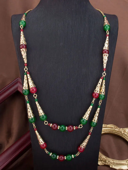 Sunspicems Long Double Layered Bead Chain Necklace for Women Gold Color Arabic Bridal Jewelry & Middle East Caftan Neck Chain