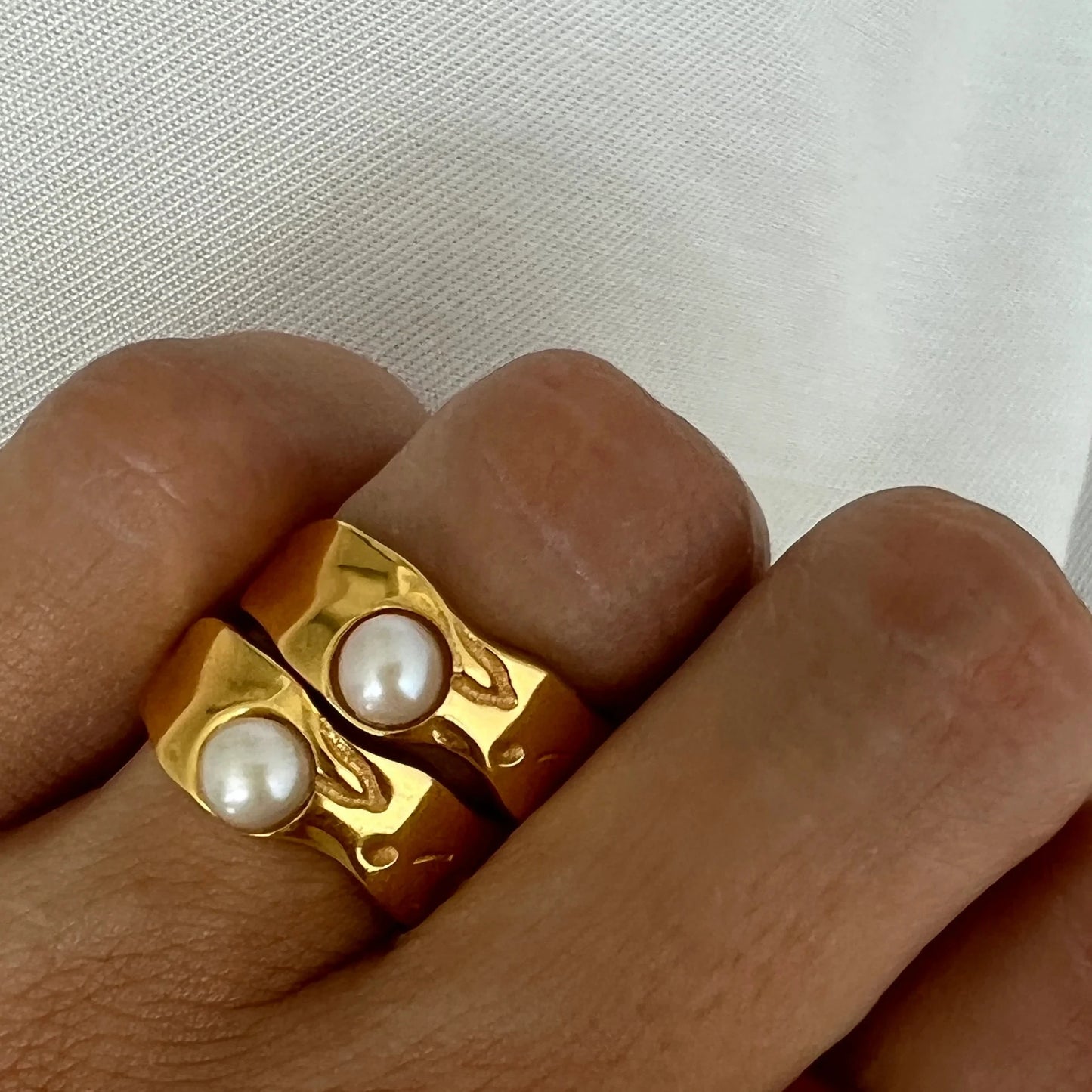 Finger-Chunky Wedding Statement Jewelry - 18K Gold PVD Plated 316L Stainless Steel Rings, Shell Freshwater Pearl Zircon Ring - Perfect Gift for Women