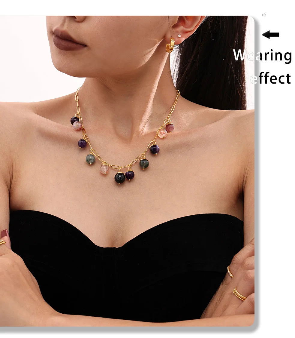 eye-catcher Round Nature Stones Necklace For Women Stainless Steel Chain Gold Plated Fashion Charm Jewelry Gift