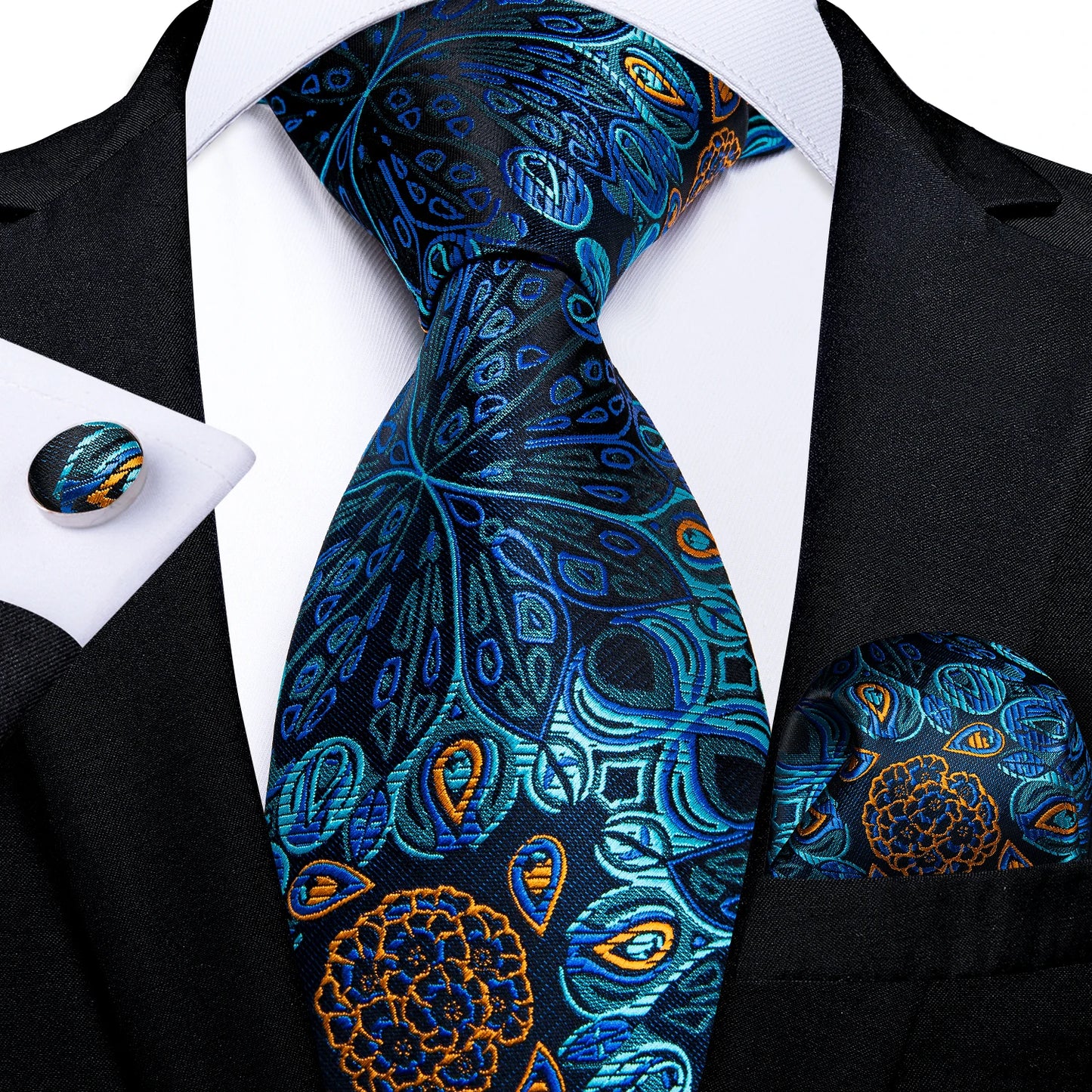Luxury Orange Paisley Men's Tie Set for Business, Office, Party, Wedding| 3.15 Inch Silk Polyester Necktie, Cufflinks & Pocket Square - Perfect Gift for Him