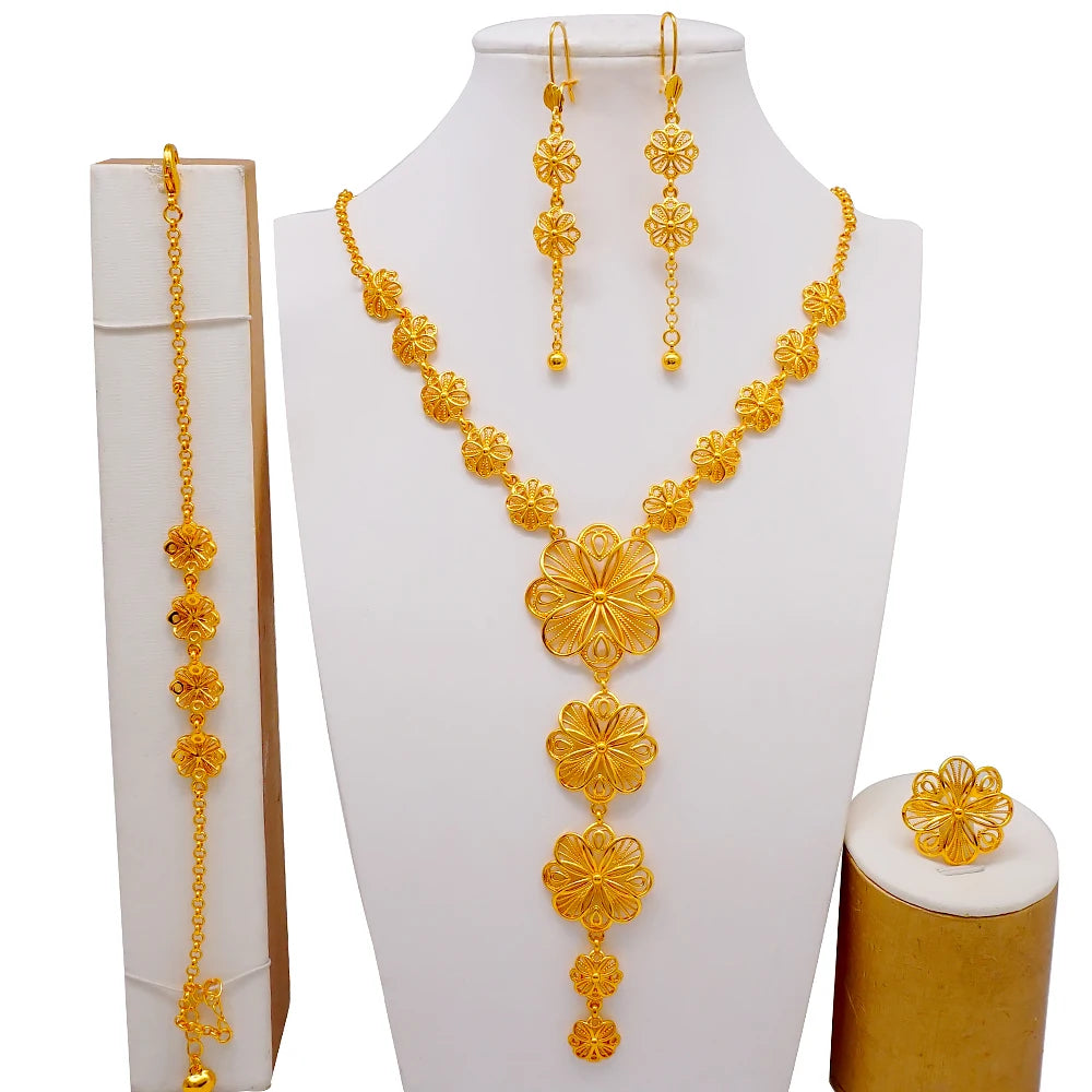 African Indian Gold Jewelry Set for Women – Dubai Style Bridal Tassel Long Necklace, Earrings, Ring & Bangle - Ideal Gift for Her