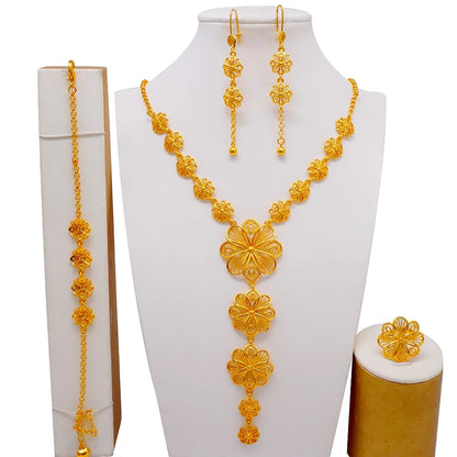 African Indian Gold Jewelry Set for Women – Dubai Style Bridal Tassel Long Necklace, Earrings, Ring & Bangle - Ideal Gift for Her