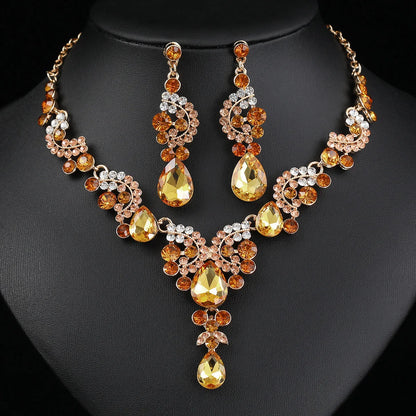 Women's 2pcs Rhinestone Waterdrop Jewelry Set – Blue Red Green White Champagne Pendant Necklace and Earrings for Bride or Special Occasions - Elegant Gift For Her