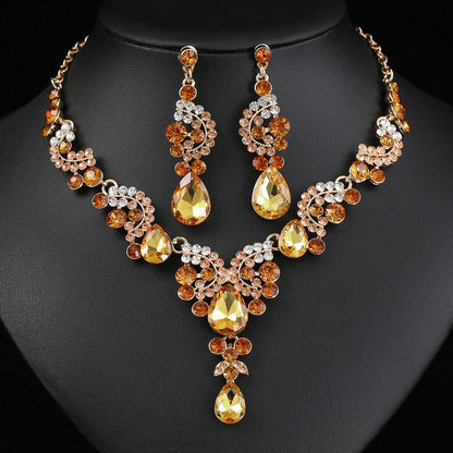 Women's 2pcs Rhinestone Waterdrop Jewelry Set – Blue Red Green White Champagne Pendant Necklace and Earrings for Bride or Special Occasions - Elegant Gift For Her