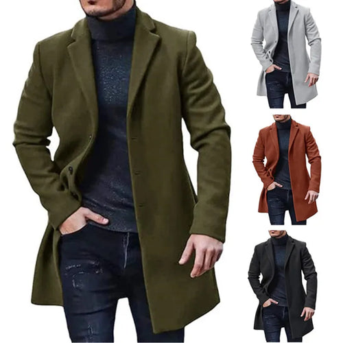 Men's Solid Color Lapel Wool Jacket for Spring Winter - Streetwear Casual Outerwear Single Breasted Long Coat, Blazer - Excellent Gift For Men