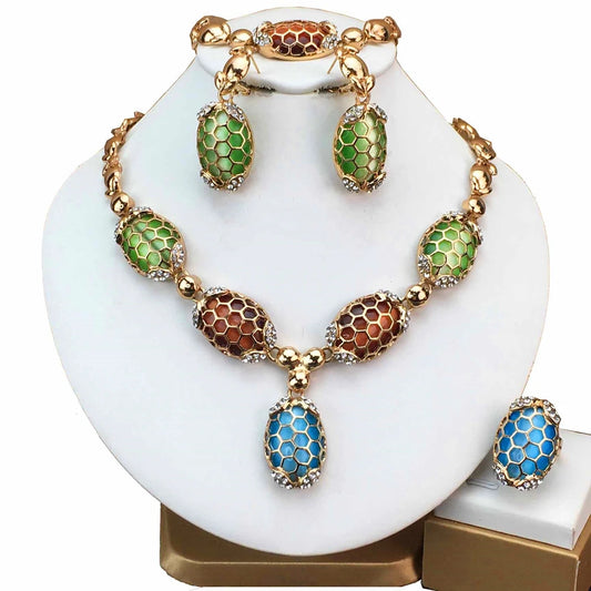 Gold-plated jewelry set with beads necklace, earrings, bracelet, and ring - perfect gift for women