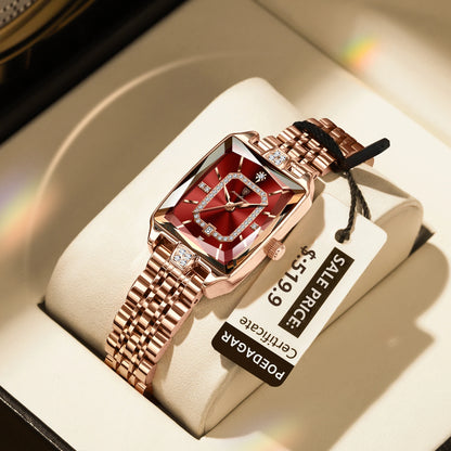 Luxury Rectangle Stainless Steel Women’s Wristwatch | POEDAGAR Waterproof Quartz Watch with Date Display | Ideal Gift for Her