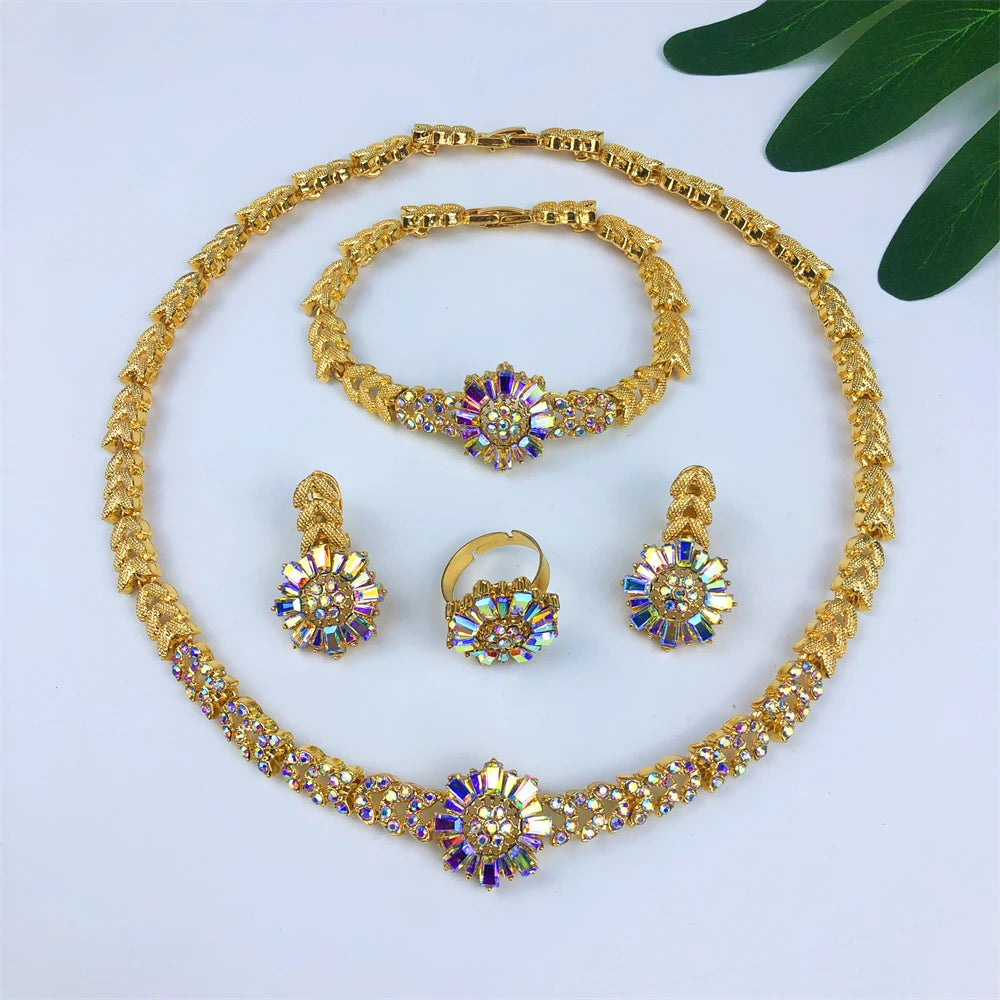 Dubai-Inspired African Gold-Plated 4Pcs Bridal Jewelry Set | Elegant Necklace, Earrings, Bracelet & Ring | Wedding Accessories for Women, Prom & Gift Occasions