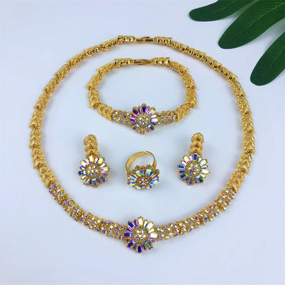 Dubai-Inspired African Gold-Plated 4Pcs Bridal Jewelry Set | Elegant Necklace, Earrings, Bracelet & Ring | Wedding Accessories for Women, Prom & Gift Occasions